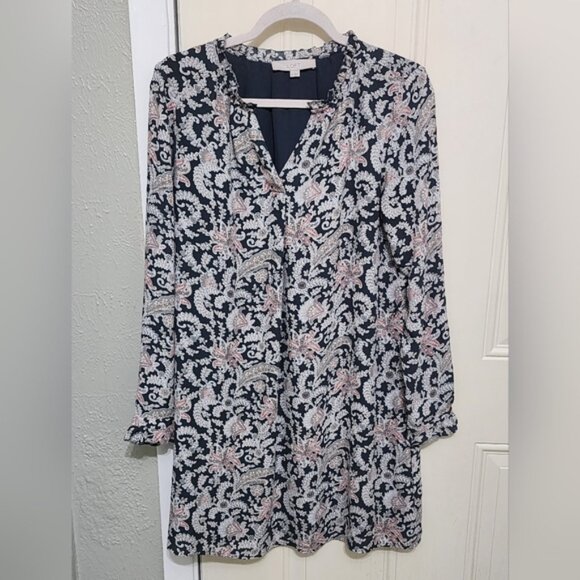 LOFT Women's Vine Ruffle Floral Paisley Split Neck Shirt Dress - Picture 3 of 16